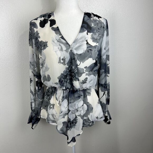 Vince Camuto Blouse Women Extra Small Cream Grey Floral Peplum Long Sleeve - Picture 14 of 14